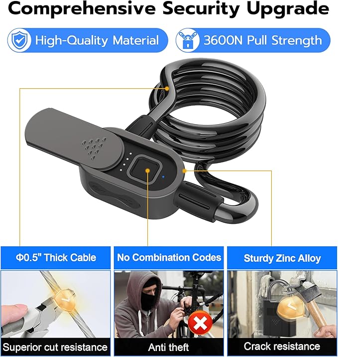 Anweller Fingerprint Bike Lock with Key, Heavy Duty Anti-Theft Weatherproof Keyless Bluetooth App Biometric Smart Cable Lock for Bicycle Scooter Accessories Outdoor Fence Gate Snowboard Ski