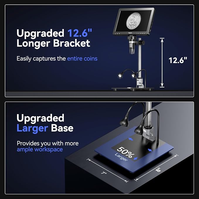 TOMLOV DM9 Max Digital Microscope: 20MP 10.1" 1500X HD IPS Coin Microscope Magnifier for Error Coins with Screen, LCD Soldering Microscopes for Adults, 10 LED Lights, PC Compatible, 16GB