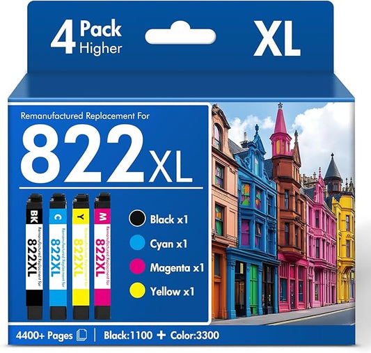 822XL 822 WF-3820 Printer Ink Cartridges Remanufactured Replacement for Epson 822XL Ink Cartridges Combo Pack for Epson 822 XL for Workforce Pro WF-4830 WF-4833 WF-4820 WF-4834 WF-3823 (4 Pack)