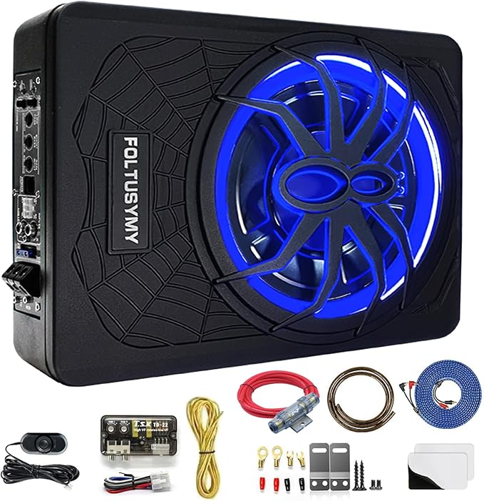 FOLTUSYMY 1200W 10" Slim Under Seat Powered Car Subwoofer, High/Low Level Input, Car/Truck Audio Sub Built-in Amplifier amp Combo Package, with Blue LED Light