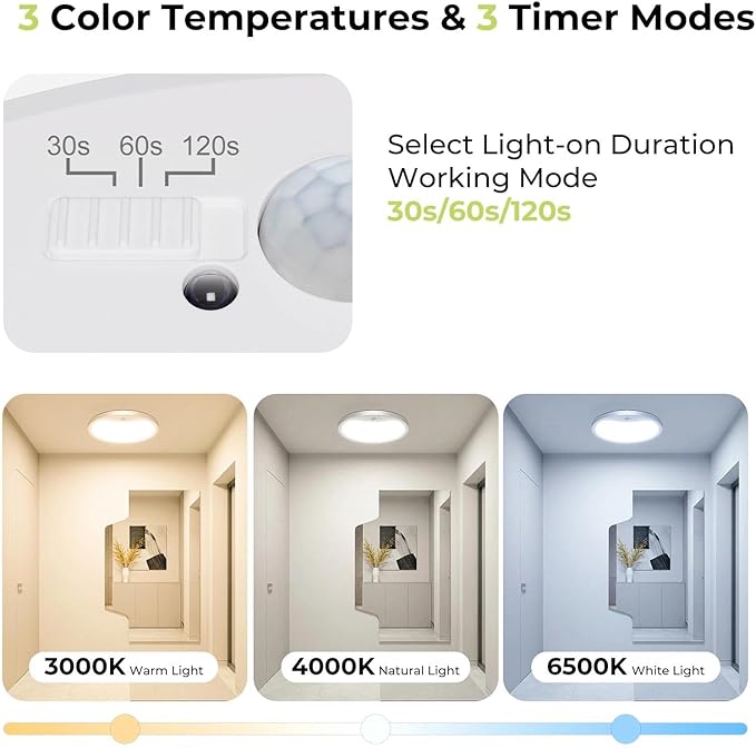 hepside 4 Pack Motion Sensor Ceiling Light Wired, 3000K/4000K/6500K LED Flush Mount Ceiling Light Fixture, 12Inch 24W Motion Sensor Light with Timer for Closet Stair Porch Hallway Pantry,White