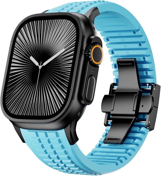 Silicone Watch Band Compatible with iWatch Ultra 2 / Ultra/Series 10 9 8 7 (44mm 45mm 46mm 49mm), Sport bands with Folding buckle, Rugged Heavy Duty Modern Design for Men
