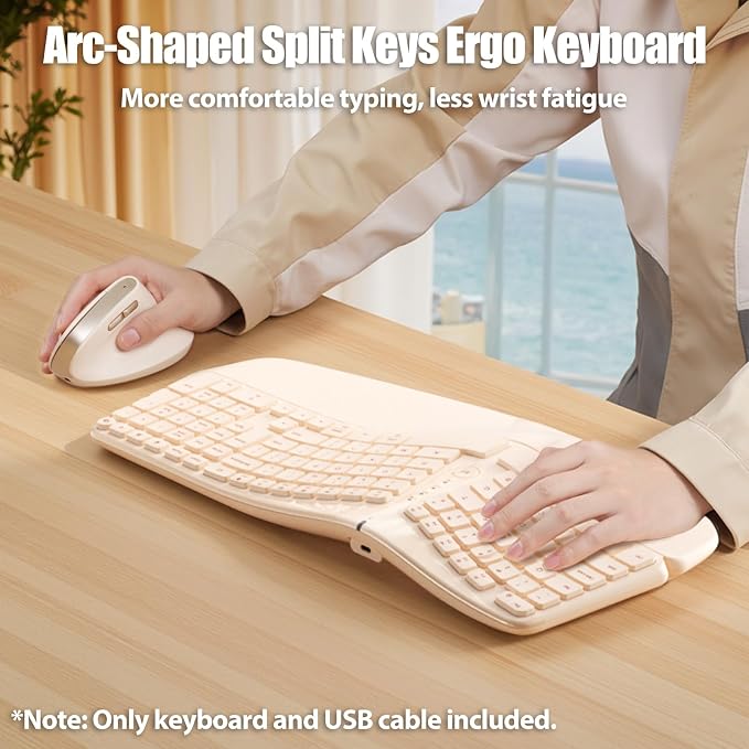 Bow Split Ergonomic Keyboard Wireless with Cushioned Wrist & Palm Rest, Wireless 2.4G/Bluetooth/Wired USB-C, Comfortable Natural Typing, Compatible with Windows/Mac/PC/Laptop, Milk Tea