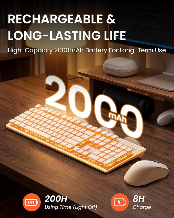 Wireless Keyboard and Mouse Combo with Warm Backlit Pudding Keycaps, Bluetooth & 2.4G, 2000mAh Rechargeable, Full Size, Metal Panel Quiet Computer Keyboard Set for Windows PC Desktop - Rose Gold