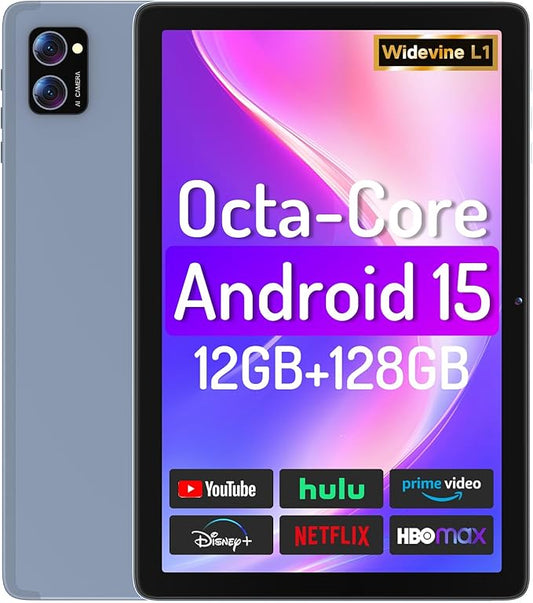 Tablet 10.1 Inch Android 15 Tablets - 12GB RAM 128GB Storage Octa-Core WiFi Tablet with HD Touch Screen, Dual Camera, Long Battery Life, Large Screen Android Tablets for Reading & Streaming