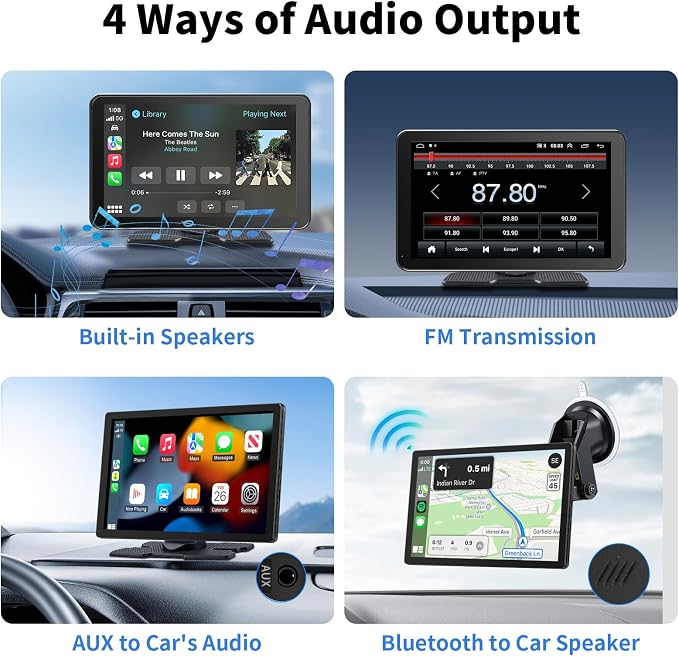 CarPlay Screen for Car, 9'' Wireless CarPlay & Android Auto - Smart Portable Touchscreen with Bluetooth/FM, Mirror Link, Voice Control, GPS Navigation, Plug & Play Car Play Screen, Gold