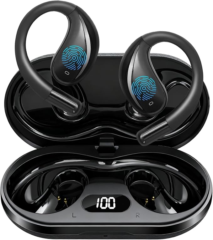 Open Ear Clip Wireless Earbuds Bone Conduction Headphones, Bluetooth 5.4, Conduction Headphones with 60Hrs Stereo Sound, Open Ear Design for Running Fitness,Built-in Mic,LED Display Charging Case