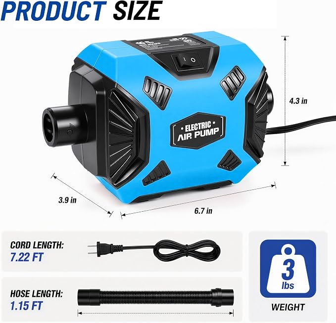 600W Electric Air Pump for Inflatables, High Power Air Mattress Pump with 6 Nozzles, Quick Inflate & Deflate Air Pump for Pool Floats, Vacuum Storage Bags, Swim Rings, Inflatable Toys