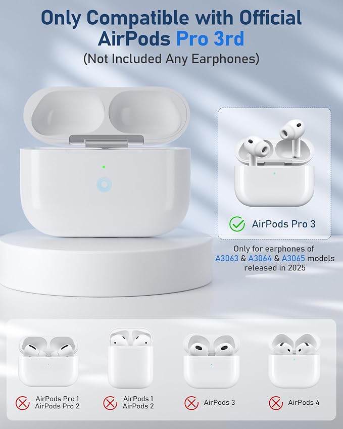 Wireless Charging Case Compatible with AirPods Pro 3 (White) | Replacement Charger Case, Touch-Control Bluetooth Pairing, USB-C Charging Port, Earbuds Not Included, 2025 Released