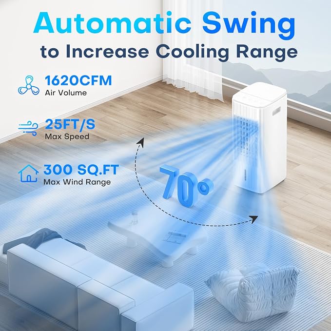 Evaporative Air Cooler, 25 Inch Swamp Cooler Air Conditioner w/Double Tanks, 7H Timer, 16ft Remote, 3 Ice Packs, 70° Oscillation, 3 Speeds & 2 Modes, 60W Portable Windowless Air Conditioner