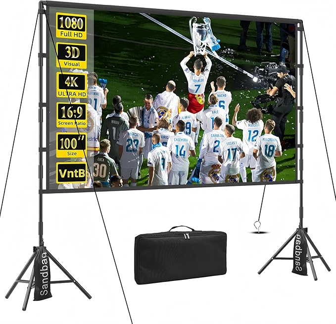 100 inch Projector Screen and Stand, Outdoor Indoor Projector Screen16:9 Foldable Portable Projector Screens for Movie Night Support Double Sided Projection 100inch