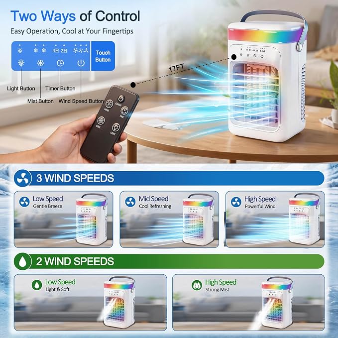 2026 New 4-in-1 Portable Air Conditioner, Sound ≤30dB Mini AC Unit, 12H Runtime, 1000ML Evaporative Air Cooler, 3 Speed & 2 Mist, Remote, USB, Timer, 7-Color LED for Bedroom Office Car - 1 PCS