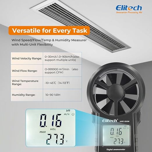 Elitech ANE-200W HVAC Anemometer, Air Flow & Temp Meter with Bluetooth | Temperature Measurement, USB Data Export, Air Flow CFM/CMM Measurement, Drone Flights & HVAC Use