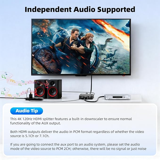 BolAAzuL HDMI 2.1 Splitter 1 in 2 Out 4K 120Hz with 8K HDMI Cable and Power Adapter, 8K 60Hz 1x2 HDMI Y Splitter with Audio Out for Dual Monitors Duplicate, Support HDCP 2.3 HDR for PS5/Xbox/PC/TV