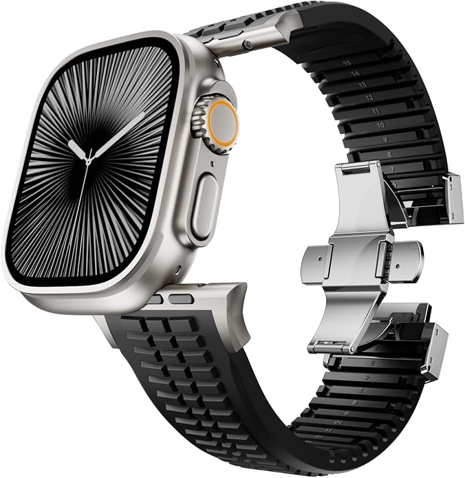 Silicone Watch Band Compatible with iWatch Ultra 2 / Ultra/Series 10 9 8 7 (44mm 45mm 46mm 49mm), Sport bands with Folding buckle, Rugged Heavy Duty Modern Design for Men