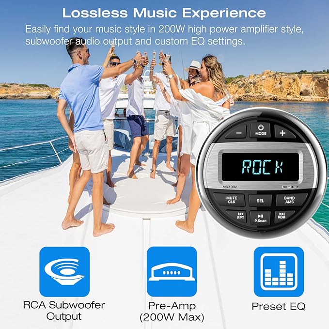Bluetooth Marine Radio Boat Stereo: Waterproof Boat Audio Receiver - Digital Marine Grade Player with FM AM Radio USB AUX-in Subwoofer Pre-Amp EQ