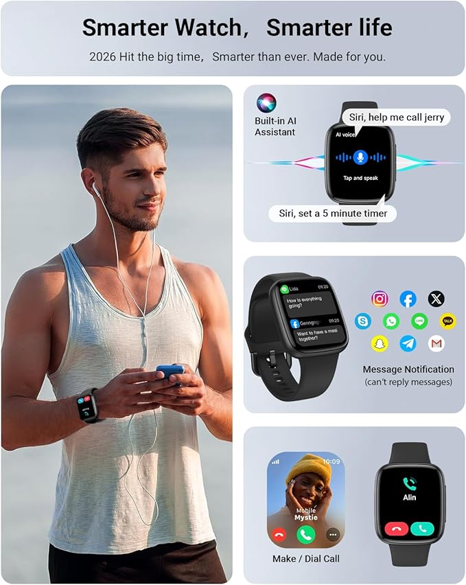 Gydom Smart Watch for Men/Women, 1.85" AMOLED Screen Fitness Watch for iPhone/Android, Activity Tracker with Heart Rate/Sleep/SpO2, Answer/Make Call, 3ATM Waterproof, 120+ Sport Modes, AI Voice, Black