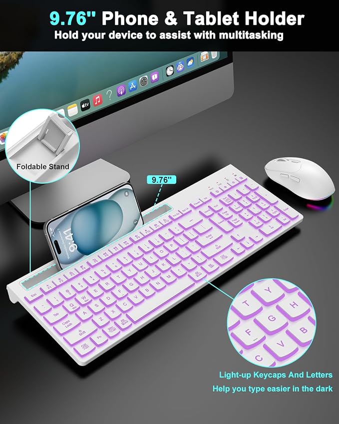 Wireless Keyboard and Mouse Combo, 7 Backlit Effects, Light Up Letters, Rechargeable, Phone Holder, 6 Button Mouse, Ergonomic Tilt Angle, 2.4GHz Silent USB Keyboard Mouse for Laptop, PC