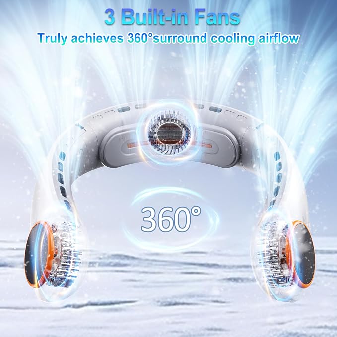 Portable Neck Fan, 5000mAh Bladeless Fan with 3 Built-in Fans, Instant Cooling 360° Surround Airflow & LED Display, Wearable Personal Fan for Outdoor, Travel, Gifts for Women Men (Grey)
