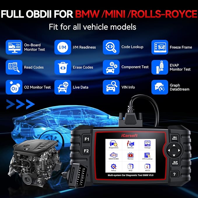 iCarsoft BMM V3.0(New Ver) Diagnostic Scan Tool for BMW OBD2 Scanner, All System Bi-Directional Tests/ECU Coding Code Reader, All Resets/Battery Registration- for BMW Mini Rolls-Royce-Free Update