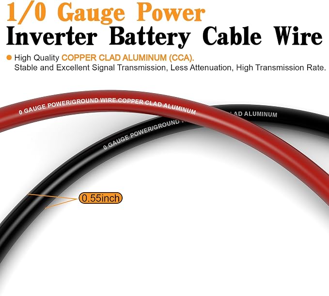 1/0 Gauge Battery Cable Wire Copper Clad Aluminum CCA Amp Wiring Kit 40FT Black/Red for Automotive Power Ground,Car Audio Speaker,RV Truck with 250A ANL Fuse Holder Lug Terminal Heat Shrink Tube