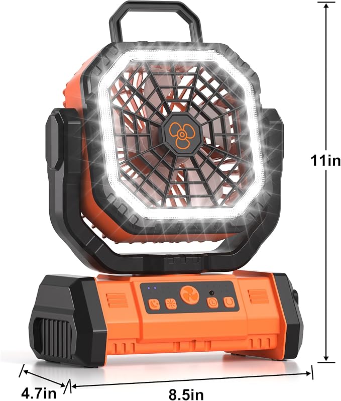 Portable Rechargeable Fan 20000mAh,Cordless Battery Powered Camping Fan with LED Light& Remote,4 Speeds Wind,USB, Timer,Oscillating for Travel Tent,Rv Camping Essentials (Orange)