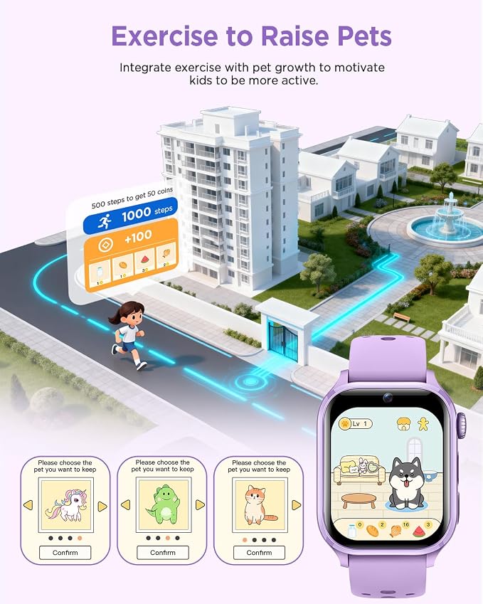 Kids Smart Watch, No App or Phone Needed, Fitness Tracker Watch, Heart Rate, Puzzle Games, IP68 Waterproof, Sleep Monitor, for Boys Girls Ages 4-12, Purple