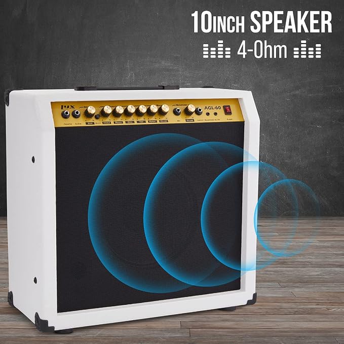 LyxPro 60 Watt Electric Guitar Amplifier | Combo Solid State Studio & Stage Amp with 10” 4-Ohm Speaker, Custom EQ Controls, Drive, Delay, ¼” Passive/Active/Mic Inputs, Aux In & Headphone Jack - White