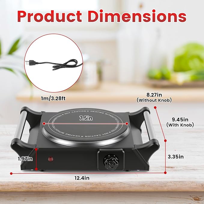 Electric Burner, Electric Hot Plate for Cooking Portable Cooking Stove, Countertop Burner Cooktop for Kitchen, Dorm, Temperature Control, Easy to Clean, Black