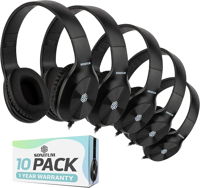 Sonitum Classroom Headphones-Bulk 10-Pack, Student On Ear Comfy Swivel Earphones for Library, School, Airplane, Kids-for Online Learning and Travel, HQ Stereo Sound 3.5mm Jack (Black)