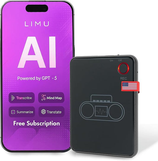 LIMU AI Voice Recorder with App Control - 13h Recording Device, 64GB AI Note Taking Device - GPT 5 Translation, Summaries & Mind Maps (125 Languages), 400 Min/Month, Audio Recorder with Transcription
