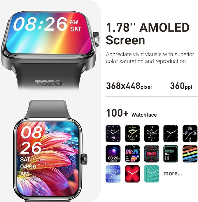 TOZO AMOLED S4 AcuFit One Smart Watch 1.78" Ultra-Clear Screen for Men Women, Call/Answer Fitness Tracker, Sleep Monitor IP68 Waterproof for iOS 11.0+ Android 9.0+ Black