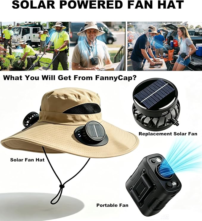 Portable Fan with Solar Fan Hat 2-in-1 Combo, Wide Brim UPF 50+ Sun Hat with Detachable 4-Speed Neck/Waist Fan, LED Light for Camping Hiking Fishing Outdoor