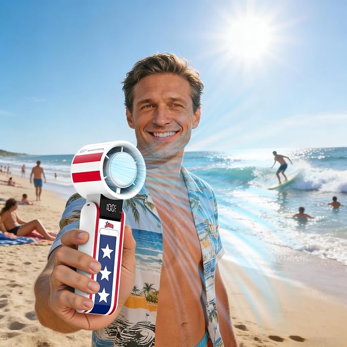USA 250th Anniversary Celebration Fan Portable cooling with Ice Core technology, lanyard, UL-certified 4000 mAh battery, larger fan head with 9000 RPM for noise reduction