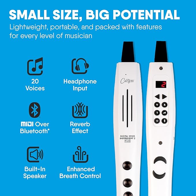 Carry-on Digital Wind Instrument 2 Plus - Lightweight & Rechargeable with 20 Instrument Voices - Built-In Speaker and MIDI Bluetooth Connectivity for Performances and Practice Anywhere - White