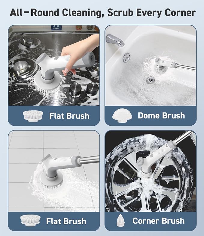 VEWIOR Electric Spin Scrubber, Cordless Cleaning Brush with 3 Adjustable Angle 2 Speeds 3 Replaceable Brush Heads for Floor Bathroom Tub Tile Kitchen Window
