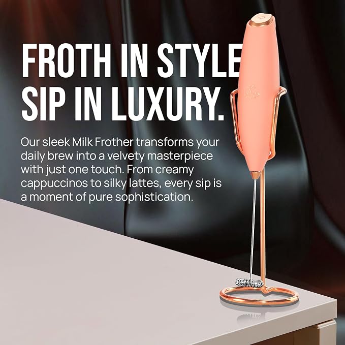Zulay Kitchen Powerful Milk Frother Wand With Duracell Batteries - Ultra Fast Handheld Drink Mixer - Electric Whisk Foam Maker for Coffee, Lattes, Cappuccino & Matcha - Z1 Motor - Exec Peach Copper