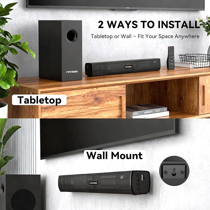 TV Sound Bar Subwoofer Bluetooth, Home Theater Sound Bar System, TV Speakers Sounds Bars Subwoofer, Hdmi(ARC) OPT COAX AUX USB 2.1ch Home Audio TVs/PC/Projector Treble Bass 3 Modes Remote, Black