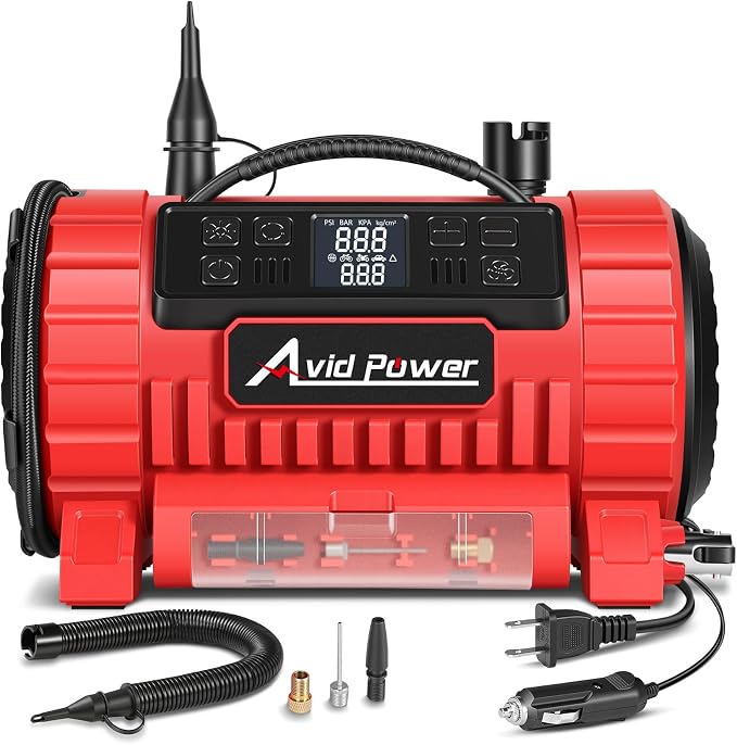 AVID POWER Tire Inflator Portable Air Compressor, 12V DC/110V AC Car Tire Pump with Inflation and Deflation, 5 Preset Modes, Digital LCD Gauge for Car Tires, Bike, and Air Mattress (Dark Red)