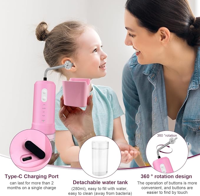 Ear Wax Removal, Electric Ear Irrigation Flushing System, Water Powered Ear Cleaner with 4 Pressure Modes, 6 Reusable Replacement Tips, Safe and Effective Ear Cleaning Tool for Adults (Pink)