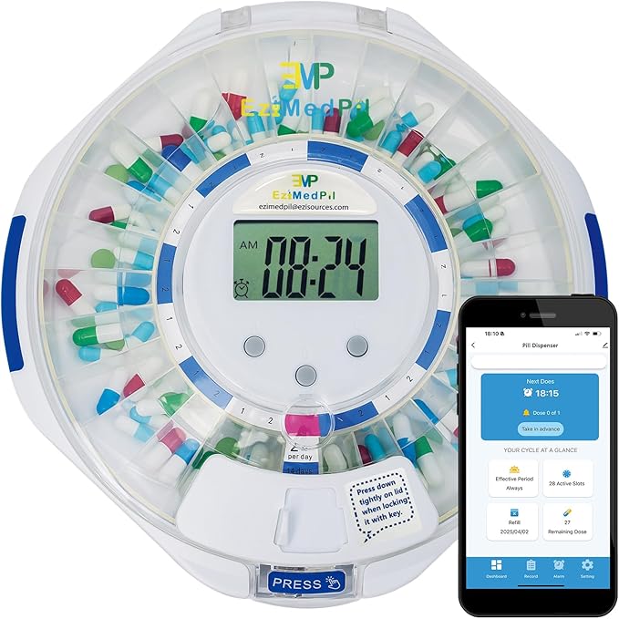 EziMedPil Bluetooth Automatic Pill Dispenser with App Setup for Caregivers | App Adherence History Tracking for Seniors, Locked 28-Day Organizer with Sound-Light Reminders, 9 Daily Alarms & LCD Display