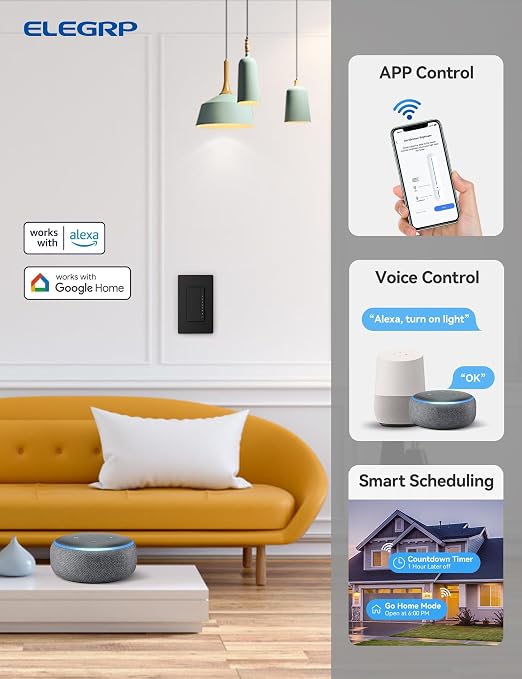 ELEGRP Single Pole Smart Dimmer Light Switch DPR10, 2.4GHz Wi-Fi Dimmer Switch Compatible with Alexa and Google Assistant, Needs Neutral Wire, No Hub Required, UL Listed, Matte Black, 6 Pack