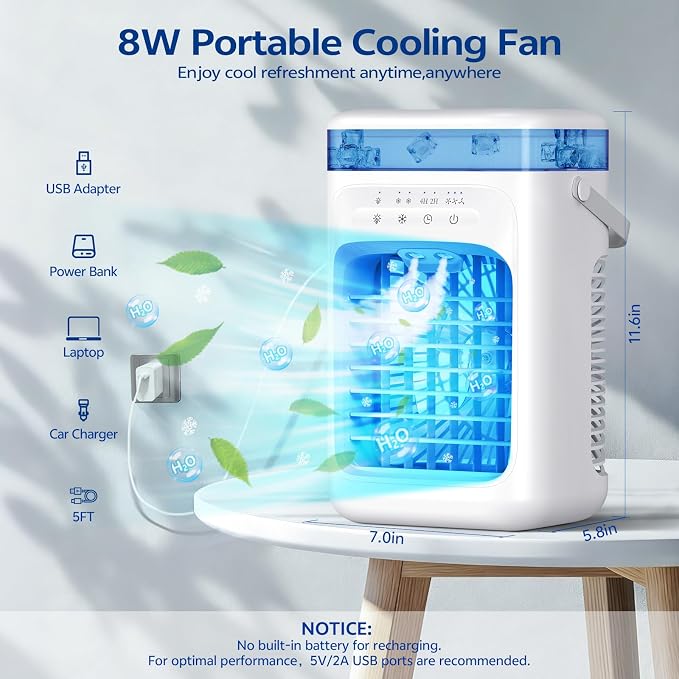 Portable Air Conditioners,Portable AC Unit with 3 Speed 2 Mist Modes Rapid Cooling,Mini Air Conditioner with 1000ML Water Tank 2/4H Timer LED Lights,Cooling AC Fan for Bedroom Office Camping Car RV