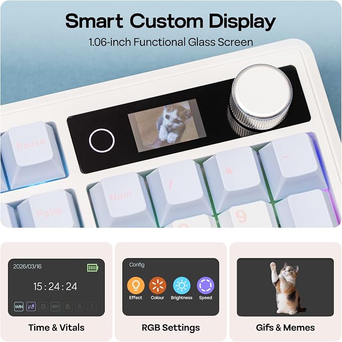 EPOMAKER TH108 V2 PRO Full Size Mechanical Keyboard with Screen&Knob, 10000mAh, BT/2.4Ghz, Mac Modifier PBT Keycap, Hot Swap, RGB, Gasket, Wireless Gaming Keyboard for Mac/PC (Blue, Creamy Jade)