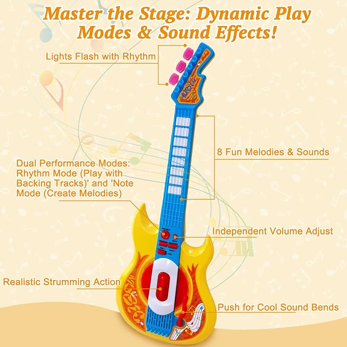 Sealive Toy Guitar for Kids Ages 3-5, 22 Inch Electric Guitar with Strap | Toy Guitar for Toddler 3-5, Pretend Play, Music Learning, Birthday Gift, Flashing Lights, Realistic Strumming, Yellow