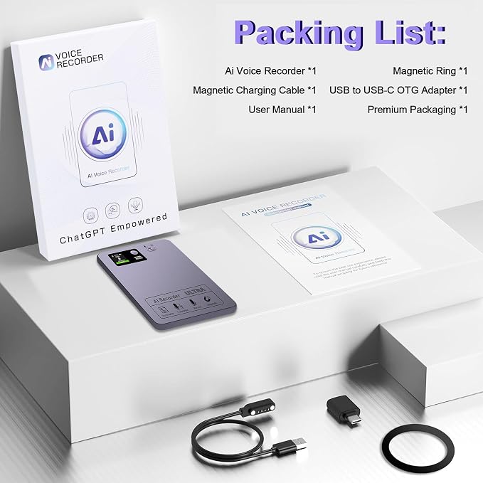 Ai Voice Recorder for Meeting: Support 152 Language Transcription Summarize - App Control Noise Cancellation Magnetic Dictation Recording Transcriber Note Taking Device 64GB for Lecture & Call