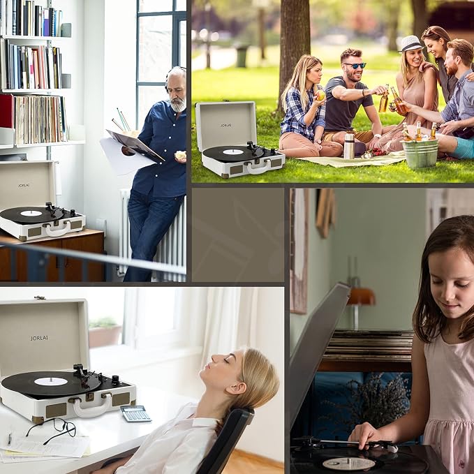 Record Player 3 Speeds Turntable with Bluetooth Built-in Battery Stereo Speakers Vintage Record Player Belt Driven Portable Suitcase PC Recording White