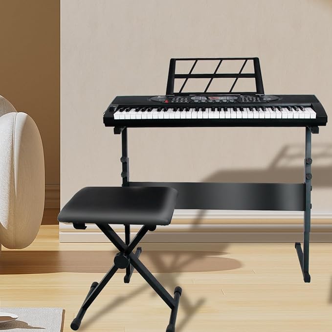 AQNIEGEP 61-Key Electric Keyboard Piano with Lighted Keys, Christmas Gifts, Premium Bundle: Stand, Bench, Mic,Headphones, Music Stand, Stickers, 70 Demos 200 Tones/Rhythms, Beginners/Adults
