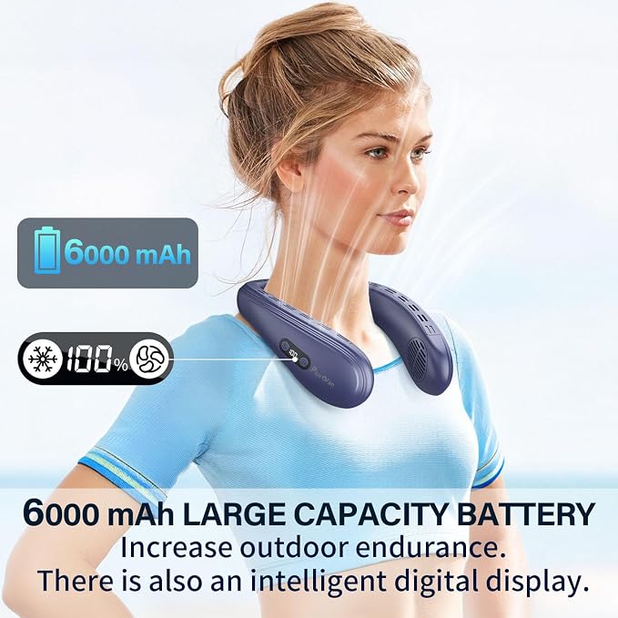 Neck Fan Back-Windy 6000mAh with Cooling Plate Bladeless Portable Thermo-Electric Cooler Rechargeable Camping Essentials for Women Men Outdoor Activities Gardening Walking the Dogs(Navy Blue)