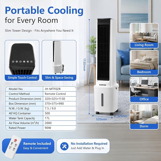 White and Black Portable Air Conditioner Fan, Evaporative Air Cooler with Remote Control, 3 Fan Speeds, 1600ml Water Tank, 2/4/8 Hour Timer, Adjustable Airflow, for Bedroom Office Desk